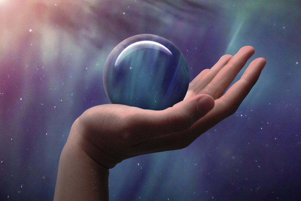 Universe, Glass Ball, Hand, Stars